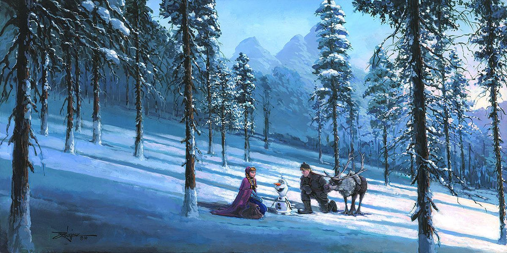 Anna Olaf Kristoff and Sven in the Winter Woods Disney Frozen Fine Art Giclée on Canvas