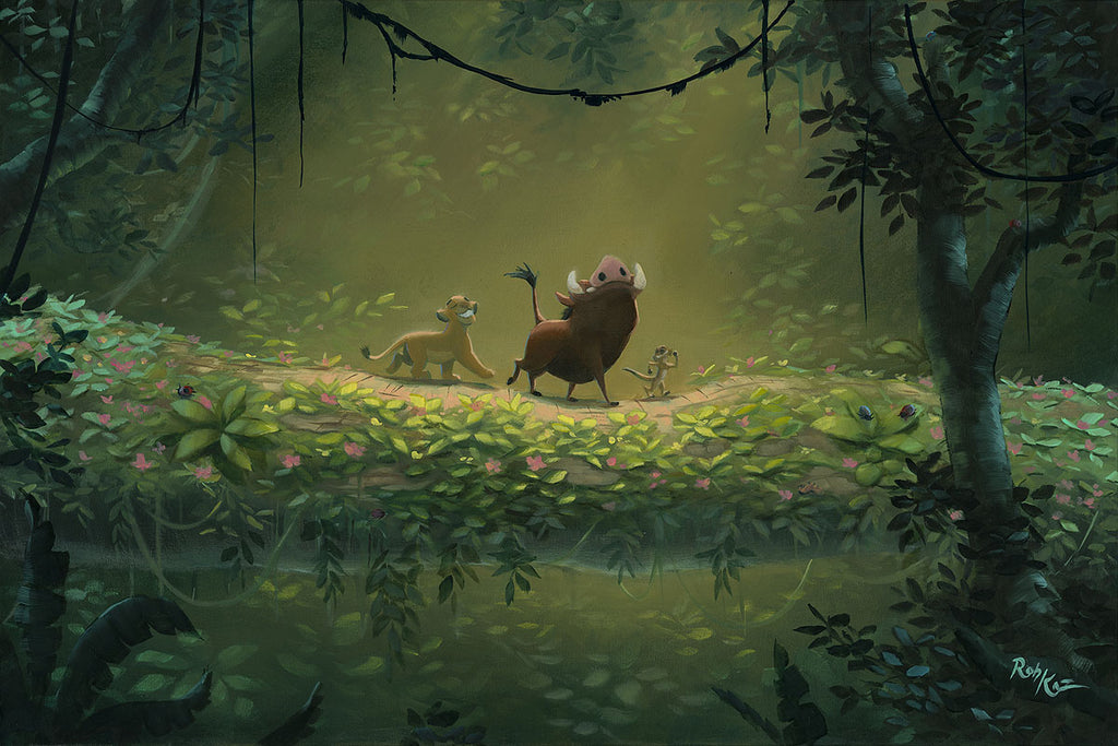 Timon Pumbaa and Simba Hakuna Matata It Means No Worries Disney Fine Art Giclée on Canvas by Rob Kaz