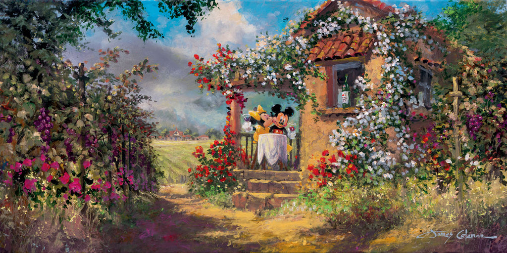 Mickey and Minnie Mouse Countryside Date Grapes Wine Flowers Disney Fine Art Giclée on Canvas by James Coleman