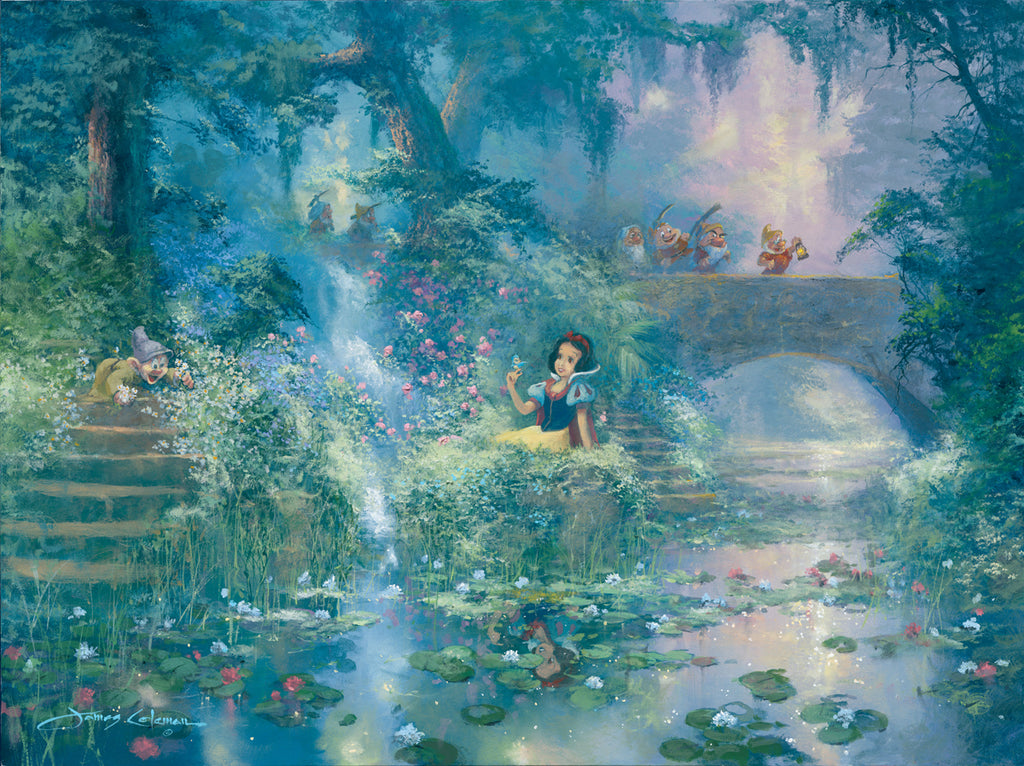 Snow White and Seven Dwarfs Pick Flowers at a Water Garden Disney Fine Art Giclée on Canvas by James Coleman