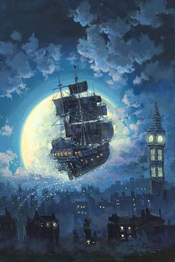Jolly Roger Flying Pirate Ship Sailing Into The Moon London Big Ben Peter Pan Disney Fine Art Giclée on Canvas by Rodel Gonzalez