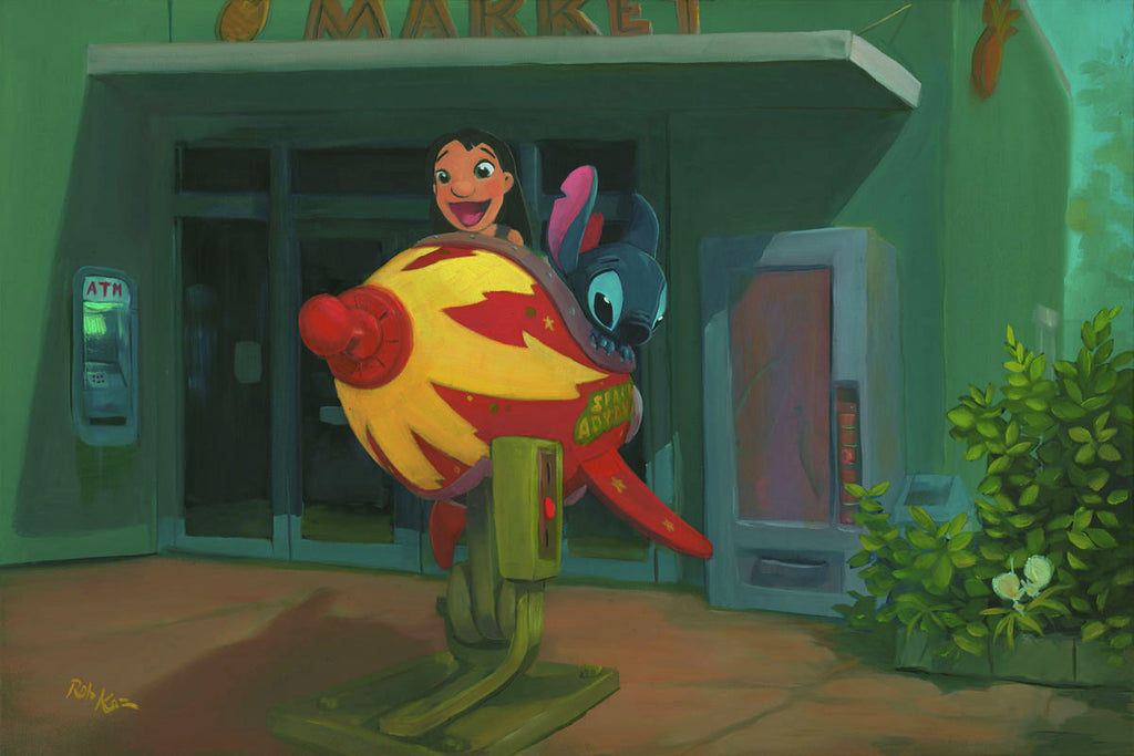 Lilo & Stitch on a Quarter Rocket Kiddie Ride Disney Fine Art Giclée on Canvas by Rob Kaz