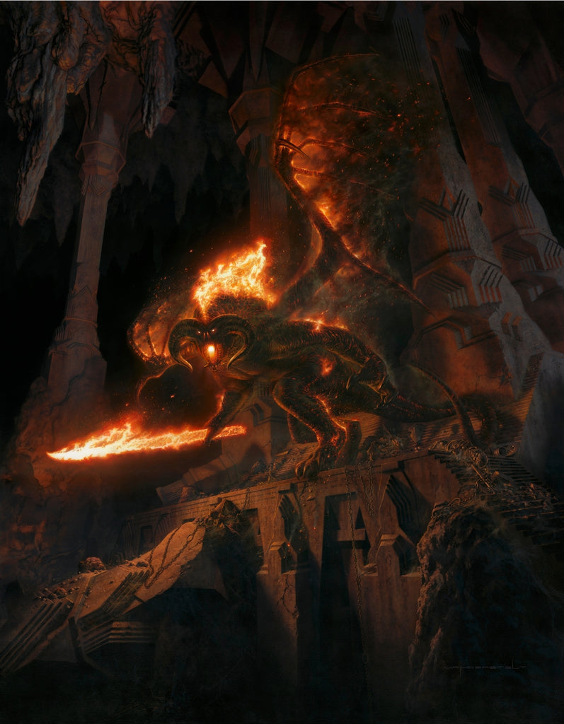 Mines of Moria Cave Balrog Durin's Bane Flaming Sword Lord of the Rings LOTR Fine Art
