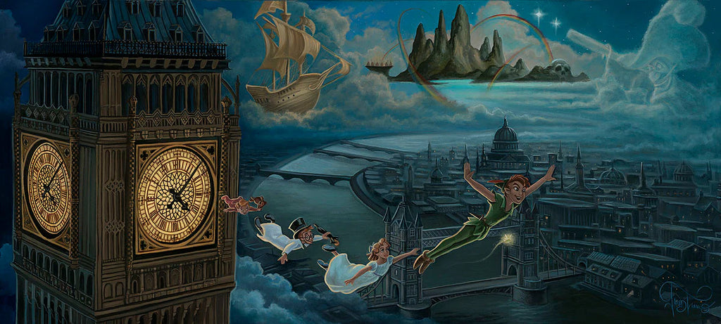 Peter Pan Big Ben Palace of Westminster Elizabeth Clock Tower Bridge Flight Over London Disney Fine Art Giclée on Canvas