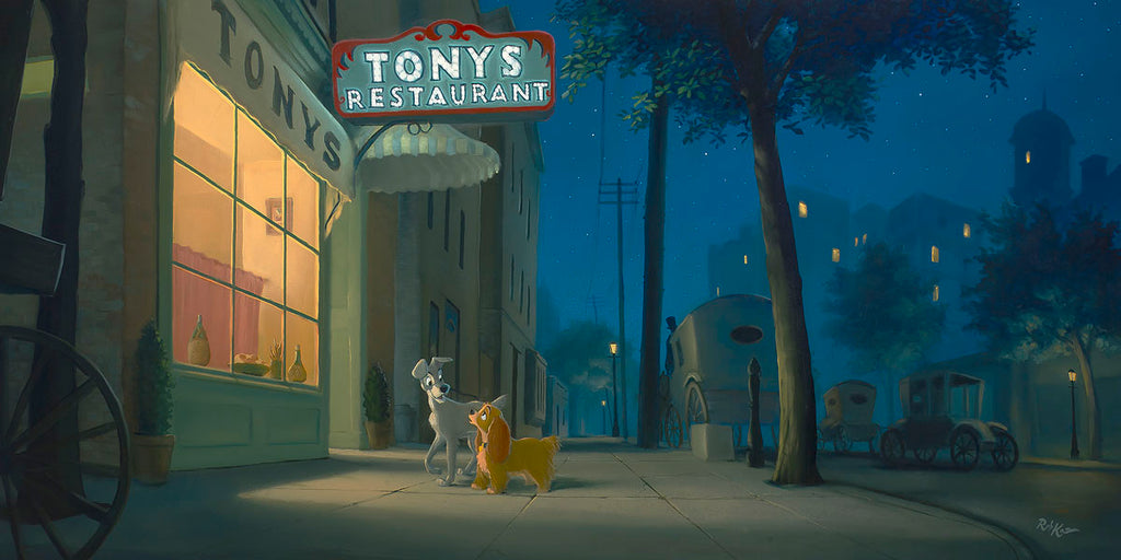 Tramp & Lady Date Night at Tony's Restaurant Disney Fine Art Giclée on Canvas by Rob Kaz