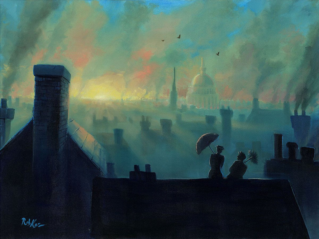 Bert and Mary Poppins Enjoying the Sunset on the Rooftops of London Disney Fine Art Giclée on Canvas by Rob Kaz