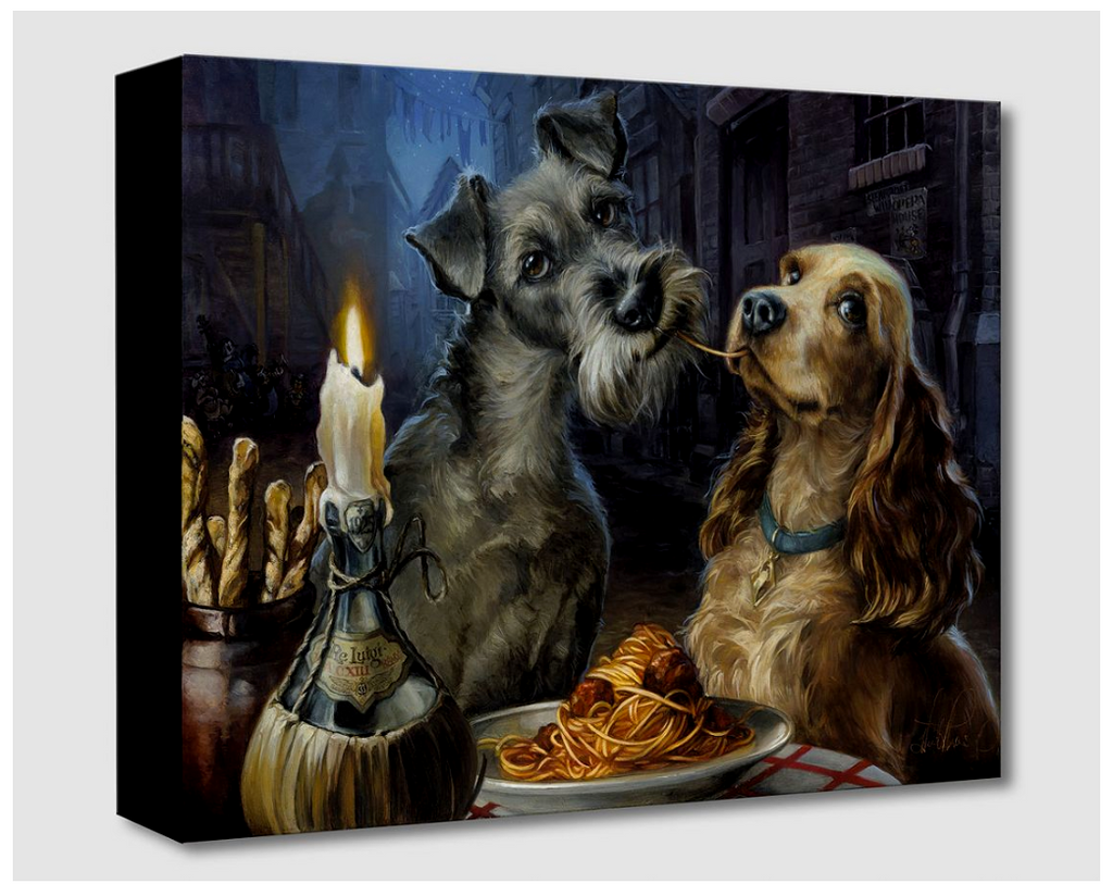 Lady and the Tramp Spaghetti Candlelight Dinner Date Realism Disney Fine Art Giclée on Canvas by Heather Edwards