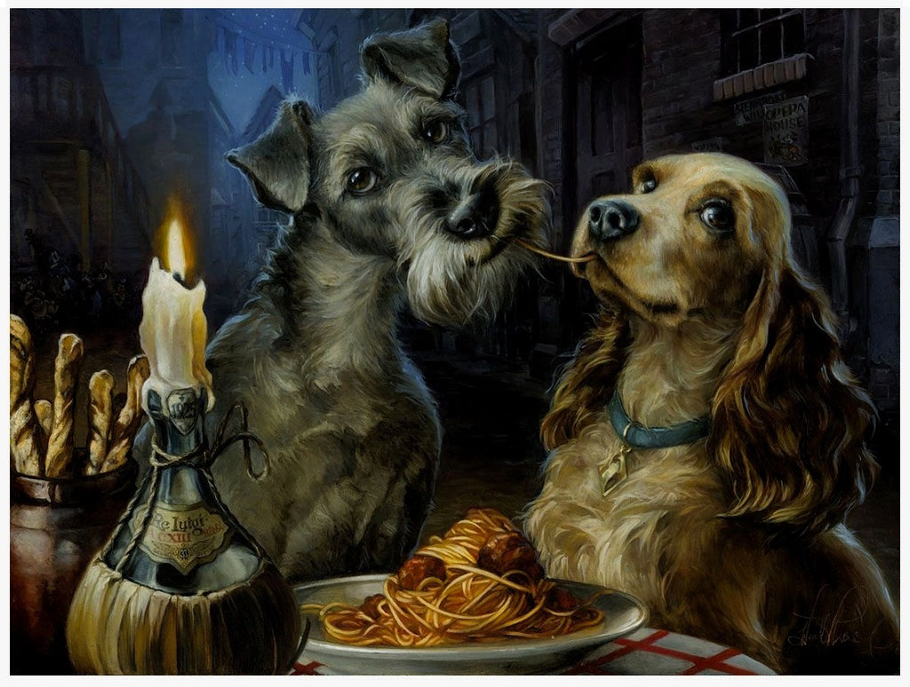 Lady and the Tramp Spaghetti Candlelight Dinner Date Realism Disney Fine Art Giclée on Canvas by Heather Edwards