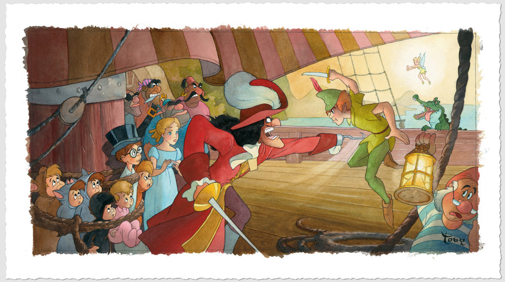 Peter Pan and Hook Sword Fight Classic Disney Watercolor Artwork by Toby Bluth Limited Edition Fine Art Giclée on Paper