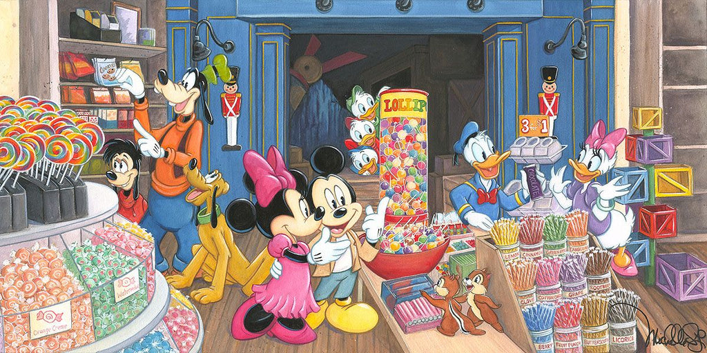Mickey and Minnie Mouse with Friends at the Candy Shop Disney Fine Art Giclée on Canvas by Michelle St. Laurent