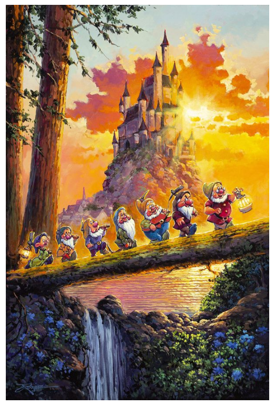 Heigh-Ho Heigh Ho It's Off To Work We Go Seven Dwarfs Log Bridge Castle Sunrise Disney Fine Art Giclée on Canvas