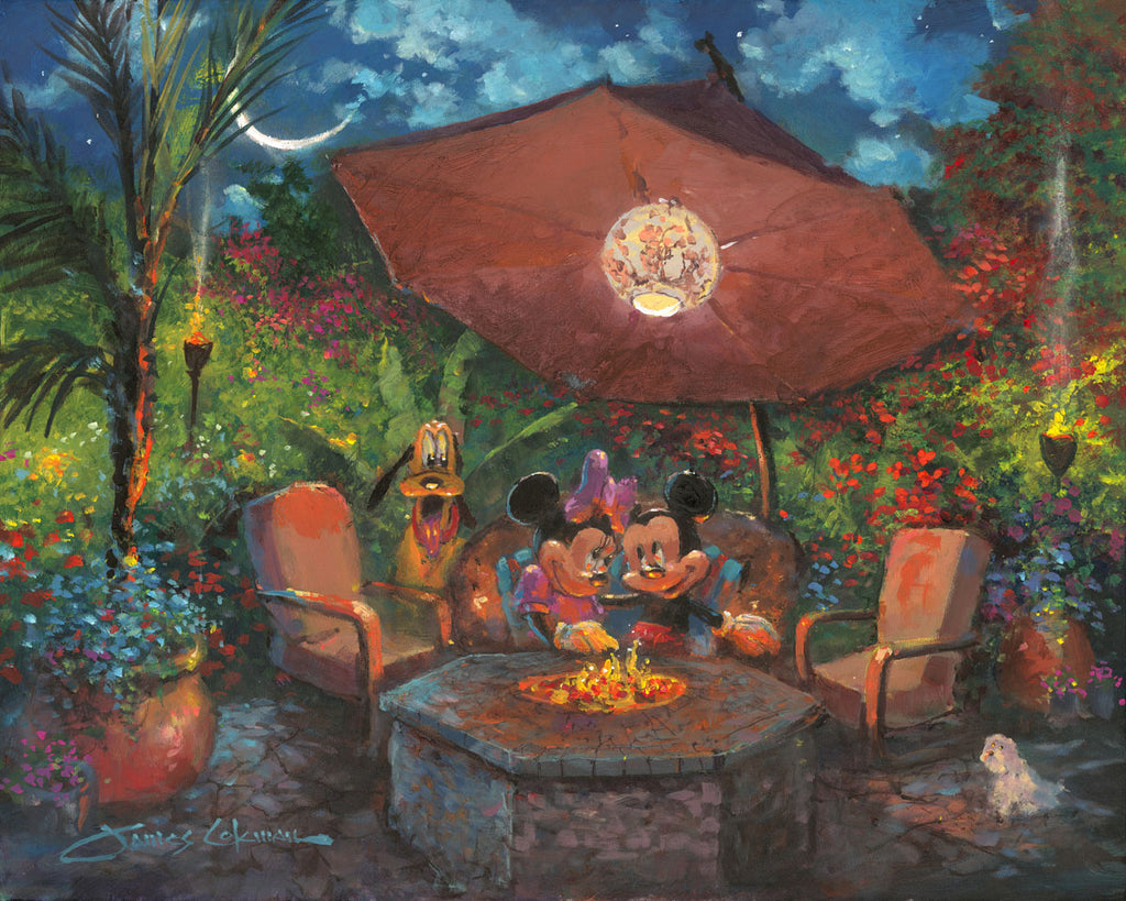 Mickey Mouse and Minnie Mouse Romantic Campfire Disney Fine Art Giclée on Canvas by James Coleman