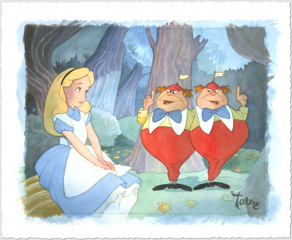 Alice Meets Tweedledee and Tweedledum in Wonderland Disney Animation Fine Art Giclée on Paper by Toby Bluth