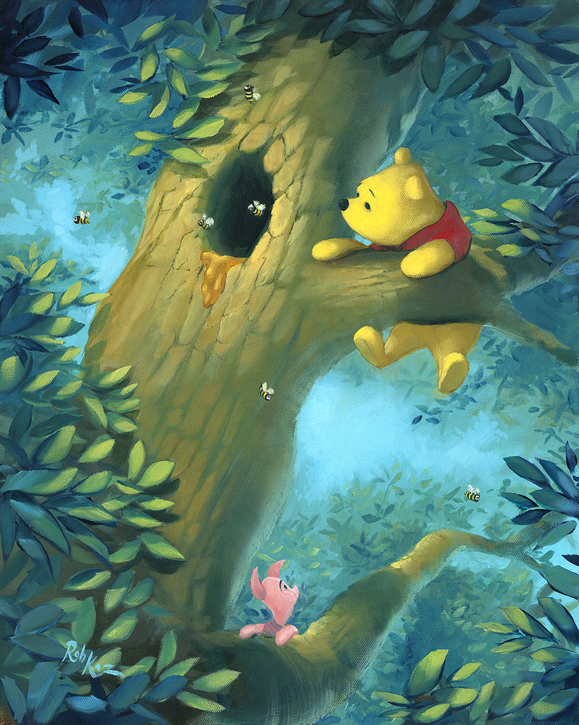 A Small Smackerel of Honey Winnie The Pooh Climbing a Tree to a Beehive Disney Fine Art Giclée on Canvas by Rob Kaz