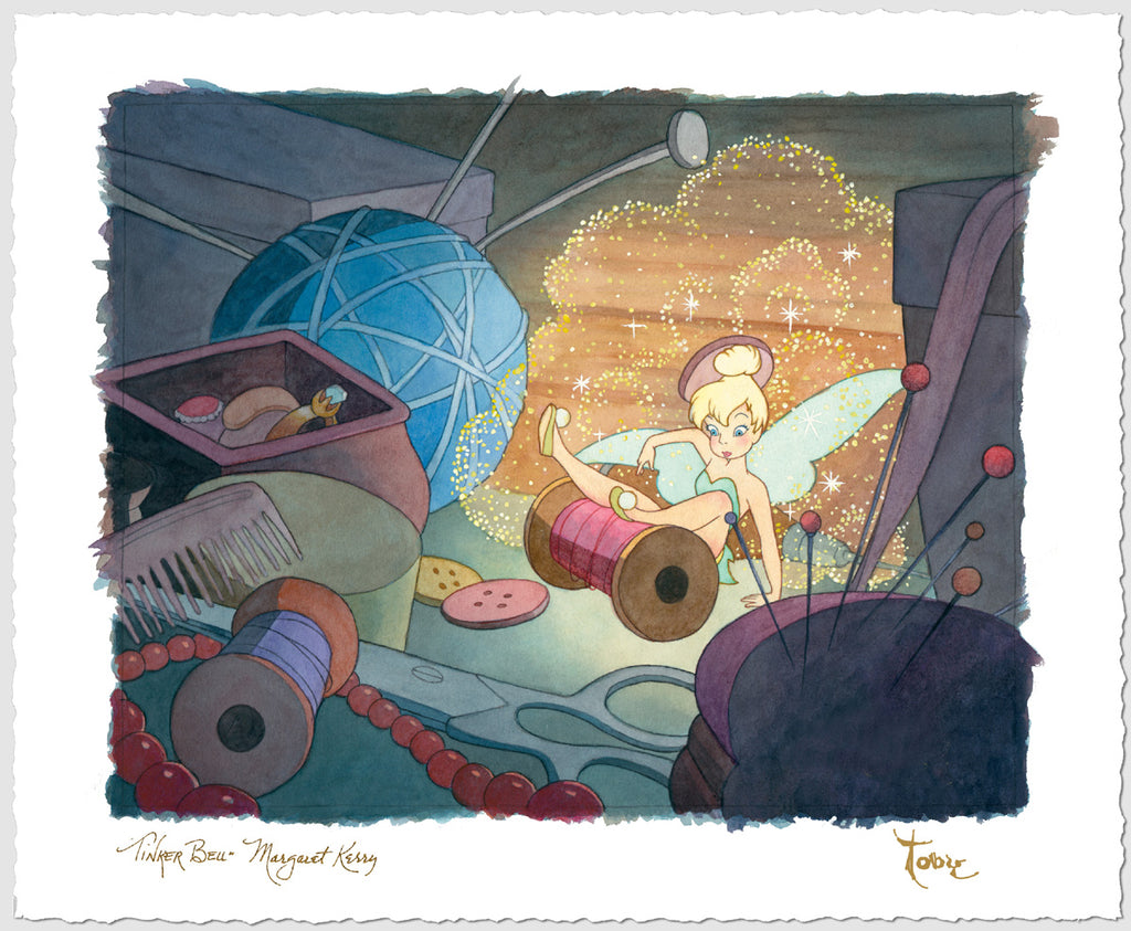 Tinker Bell in the Sewing Supplies Drawer Peter Pan Classic Artwork Disney Fine Art Giclée on Paper by Toby Bluth