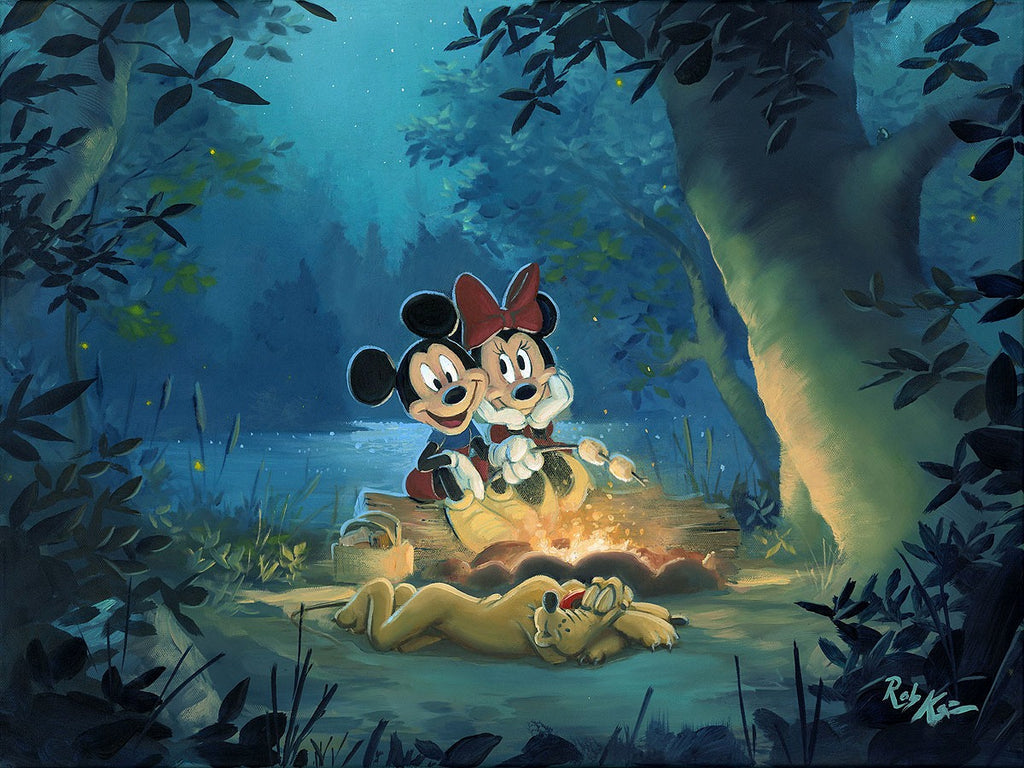 Mickey Minnie & Pluto Campfire Roasting Marshmallows Disney Camping Fine Art Giclée on Canvas by Rob Kaz