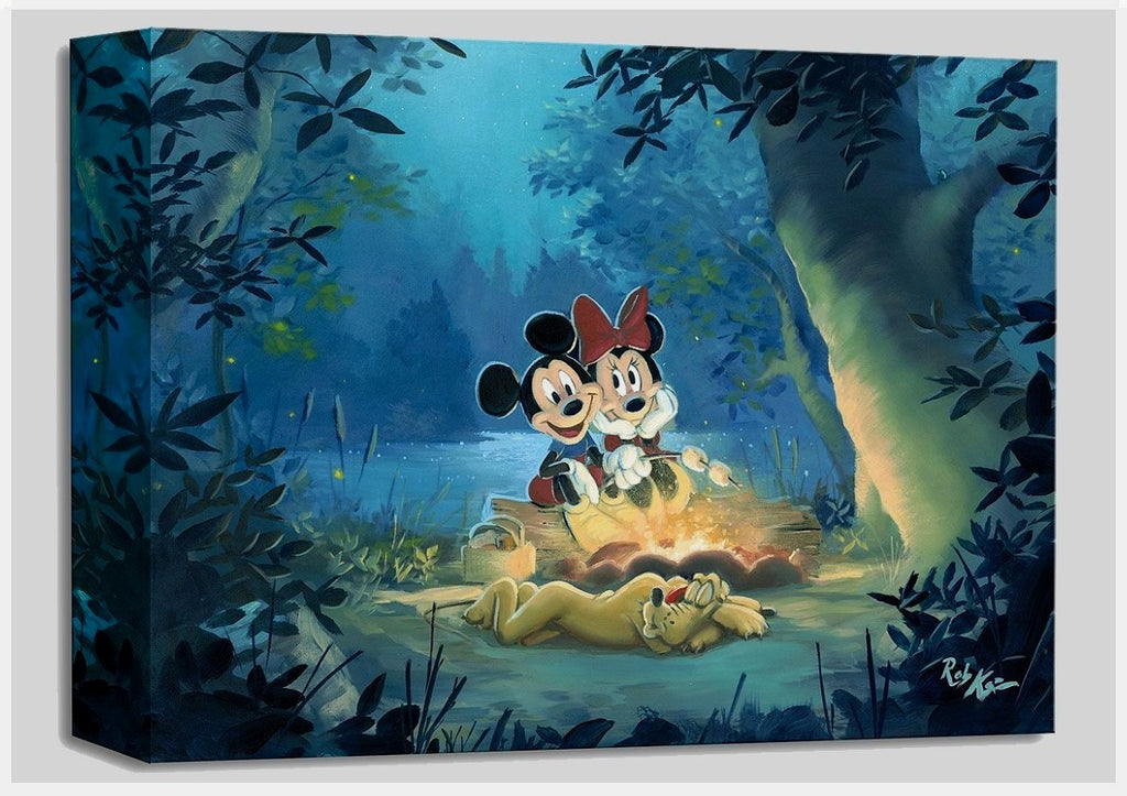 Mickey Minnie & Pluto Campfire Roasting Marshmallows Disney Camping Fine Art Giclée on Canvas by Rob Kaz