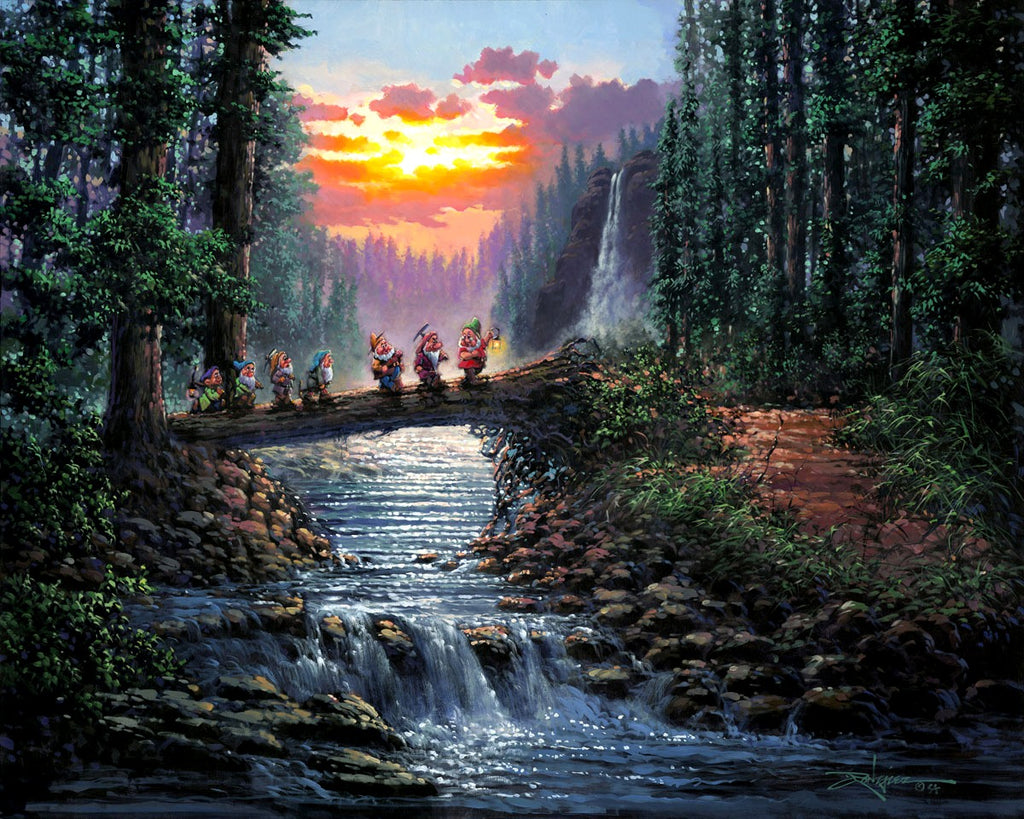 Snow White and The Seven Dwarfs March Home Over Bridge Disney Fine Art Giclée on Canvas by Rodel Gonzalez