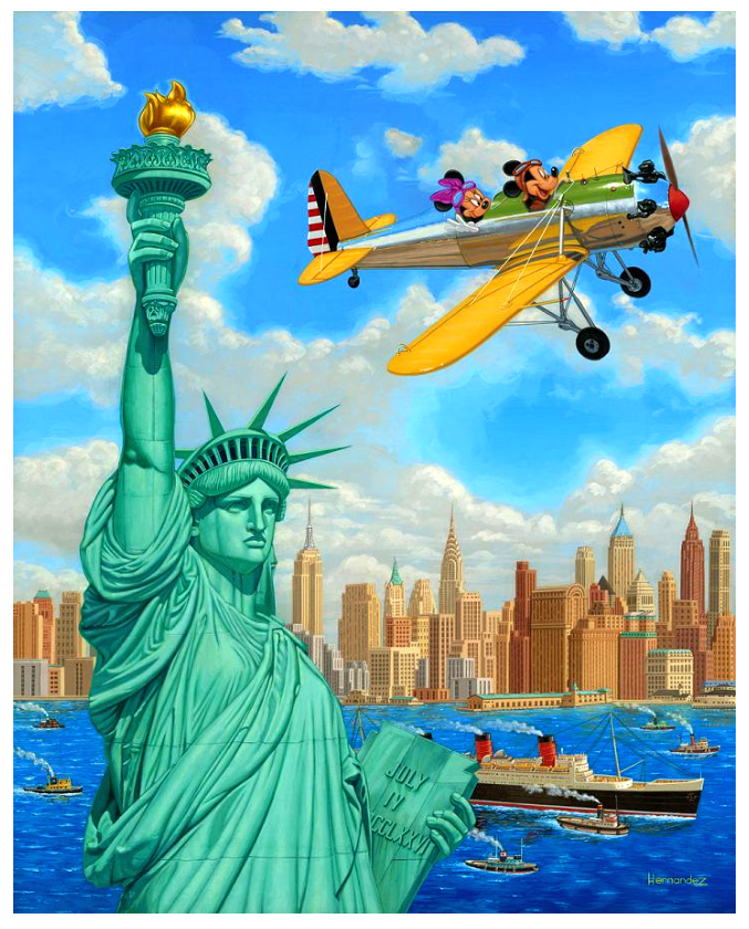 Mickey & Minnie Plane Over Statue of Liberty New York City Disney Fine Art Giclée on Canvas by Manuel Hernandez