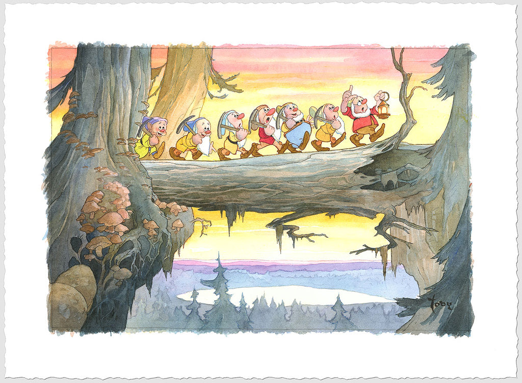 The Seven Dwarfs Heigh Ho March Home Log Bridge Disney Fine Art Giclée on Paper by Toby Bluth