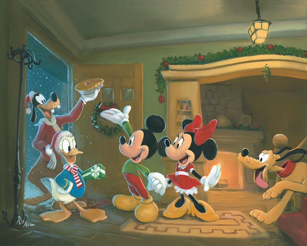 Donald and Goofy Celebrate The Holidays with Mickey Minnie and Pluto Disney Fine Art Giclée on Canvas by Rob Kaz