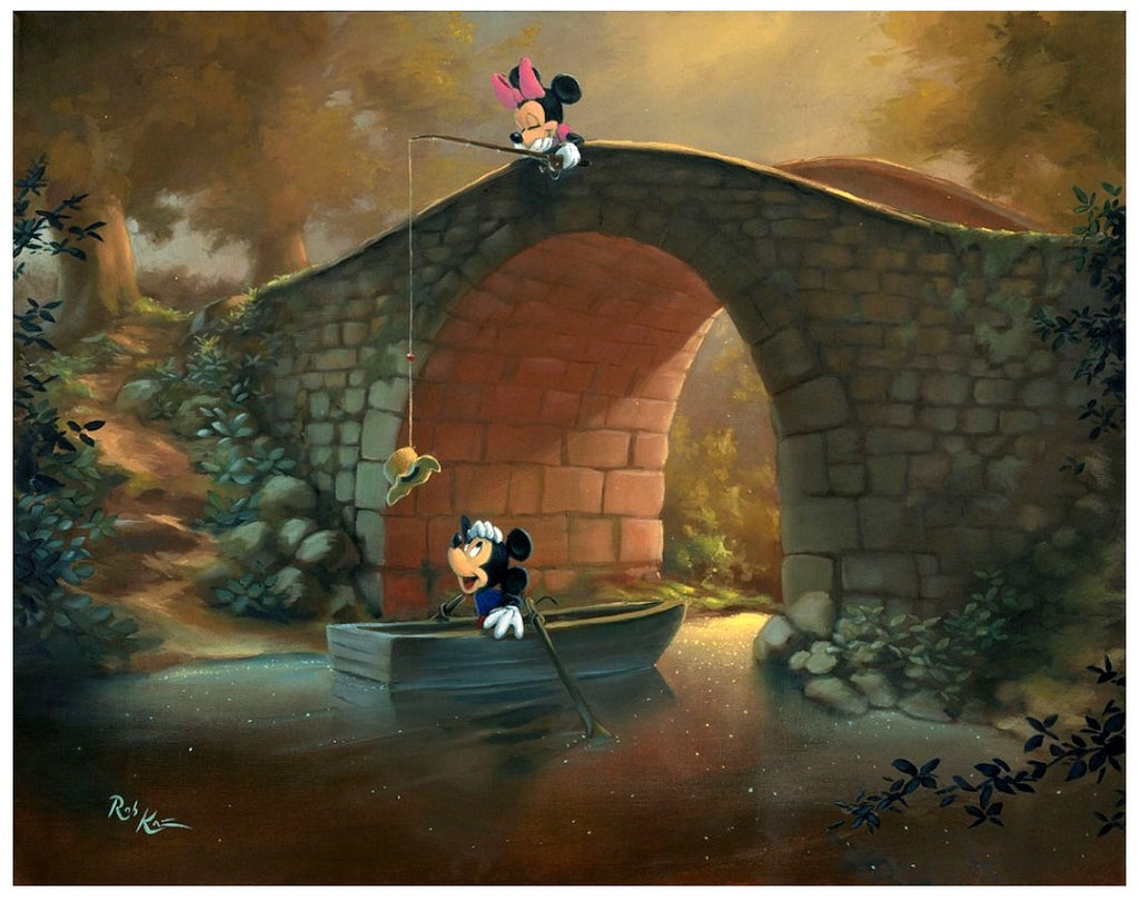 Minnie Fishing From Bridge Catching Mickey Disney Fine Art Giclée on Canvas by Rob Kaz