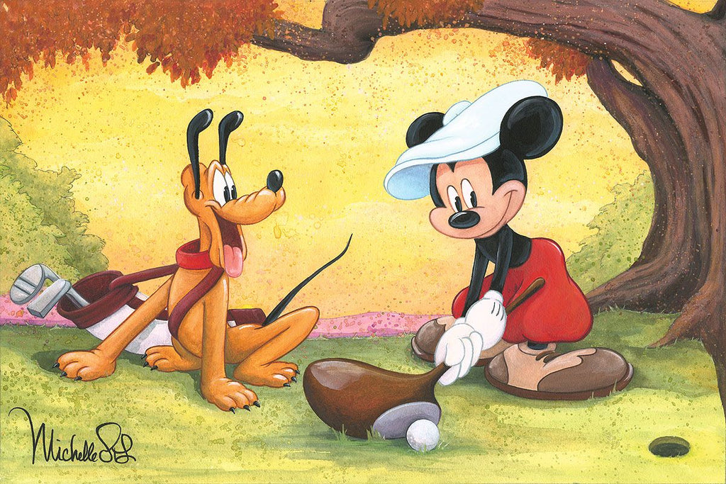 Mickey on the Tee Golfing with his Caddie Pluto Disney Fine Art Giclée on Canvas by Michelle St. Laurent