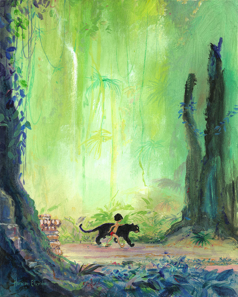 The Jungle Book Bagheera Escorts Mowgli through the Jungle Disney Fine Art Giclée on Canvas by Harrison Ellenshaw