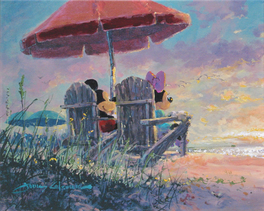 Mickey Mouse and Minnie Mouse under Beach Umbrella at Sunset Disney Fine Art Giclée on Canvas by James Coleman