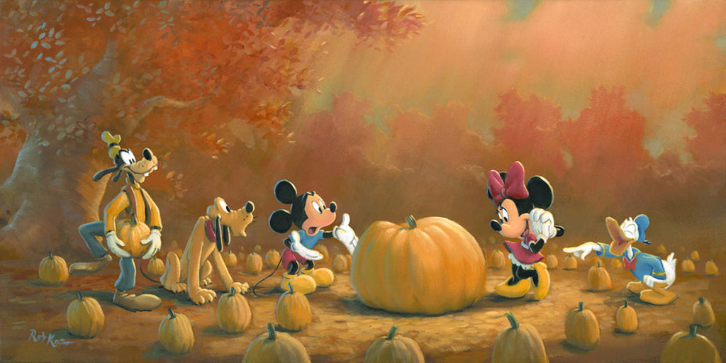 Mickey and Minnie Picking the Perfect Pumpkin with Goofy Pluto and Donald Disney Fine Art Giclée on Canvas by Rob Kaz