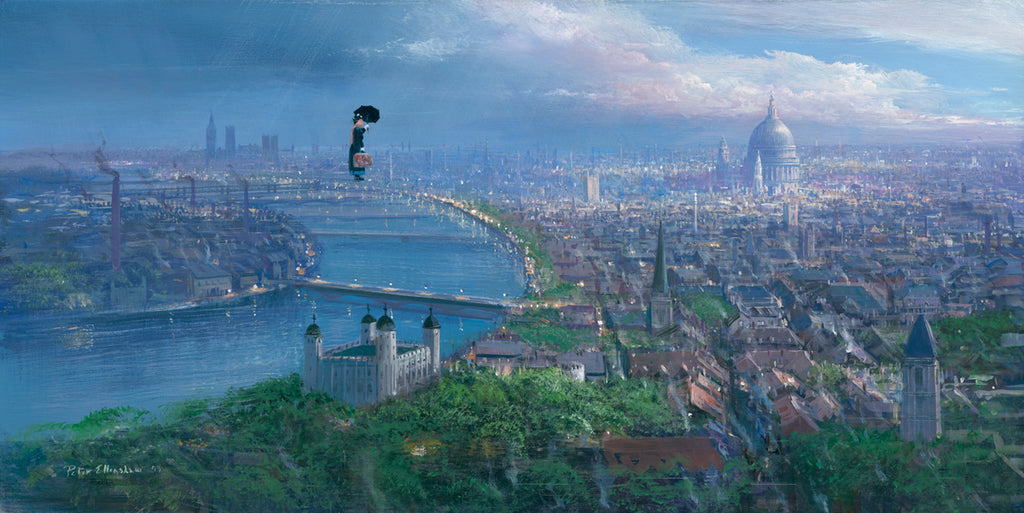 Practically Perfect Mary Poppins Flying over London with her Umbrella Disney Fine Art Giclée on Canvas by Peter Ellenshaw
