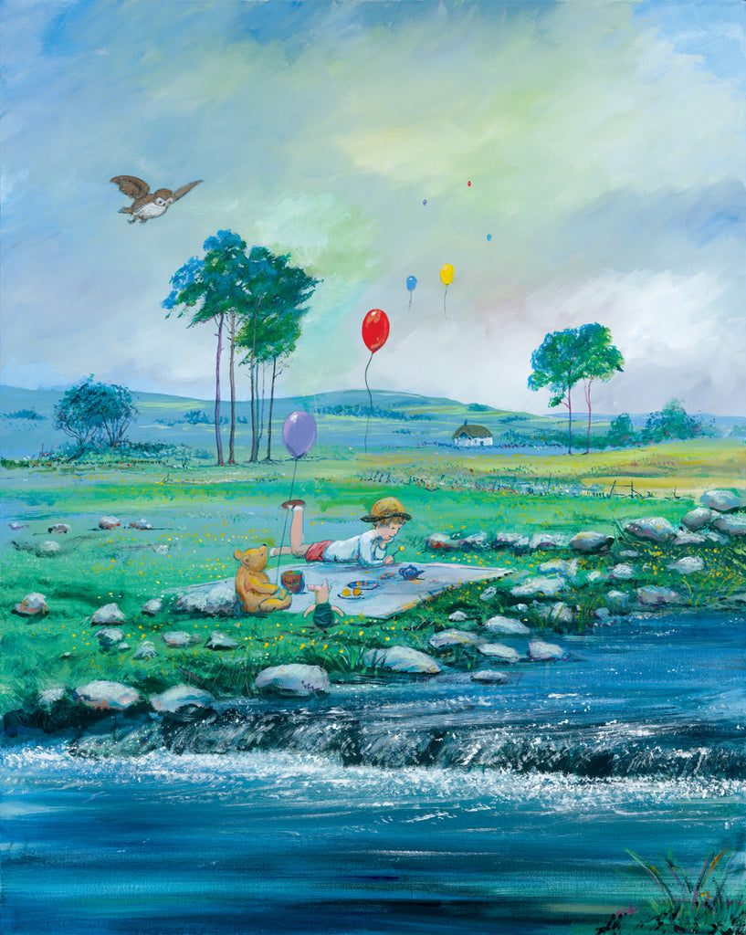 A.A. Milne Winnie the Pooh Springtime Picnic with Friends Owl Balloons Disney Fine Art Giclée on Canvas by Peter & Harrison Ellenshaw