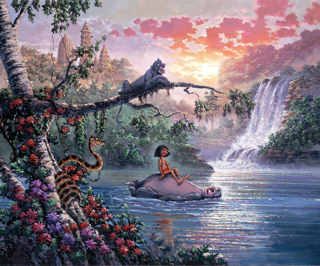 Mowgli Baloo Bagheera and Kaa The Bear Necessities River Sing Along Disney Fine Art Giclée on Canvas by Rodel Gonzalez