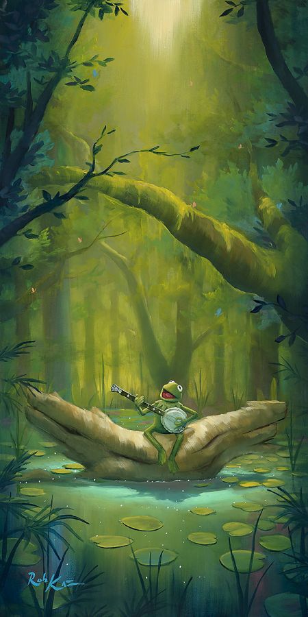 Kermit the Frog Singing Rainbow Connection Disney Fine Art Giclée on Canvas by Rob Kaz