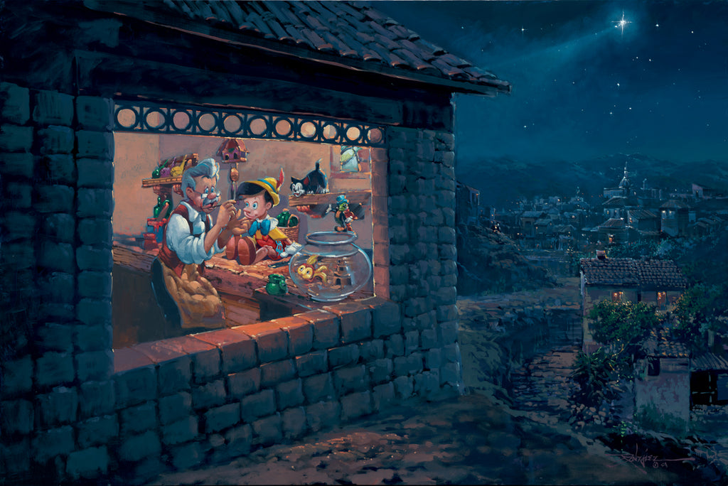 Geppetto Pinocchio Figaro Jiminy Cricket and Cleo Under a Wishing Star Disney Fine Art Giclée on Canvas by Rodel Gonzalez