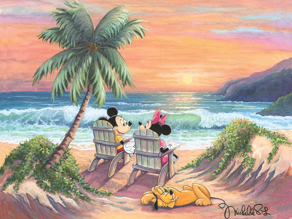 Mickey and Minnie Mouse Take a Vacation Getaway with Pluto at the Beach Disney Fine Art Giclée on Canvas by Michelle St. Laurent