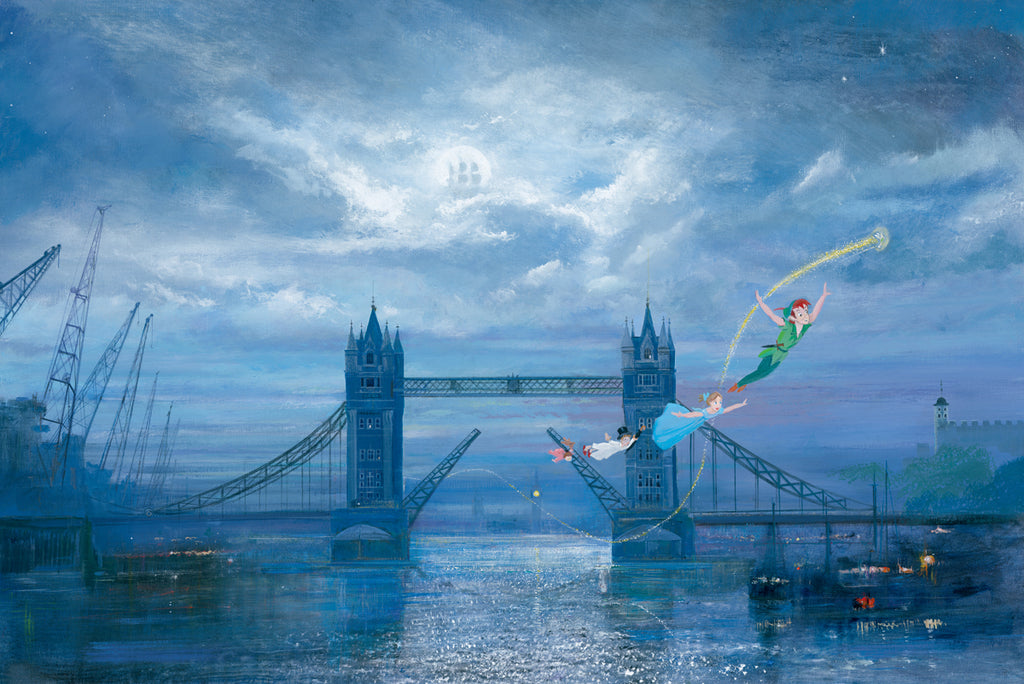 Peter Pan Tinker Bell Wendy John and Michael Flight to Neverland London Tower Bridge Disney Fine Art Giclée on Canvas by Peter & Harrison Ellenshaw