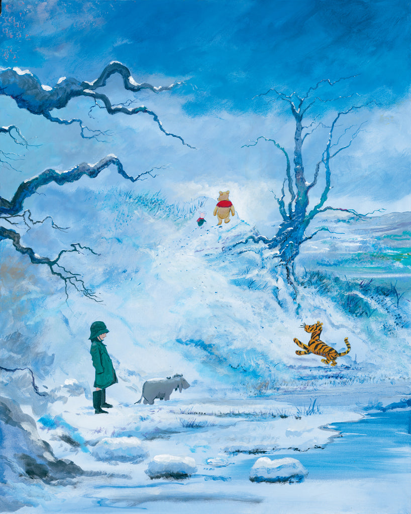 Original AA Milne Style Winnie the Pooh and Christopher Robin Winter Fun with Friends Disney Fine Art Giclée on Canvas by Peter & Harrison Ellenshaw