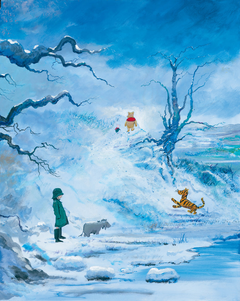 Original AA Milne Style Winnie the Pooh and Christopher Robin Winter Fun with Friends Disney Fine Art Giclée on Canvas by Peter & Harrison Ellenshaw