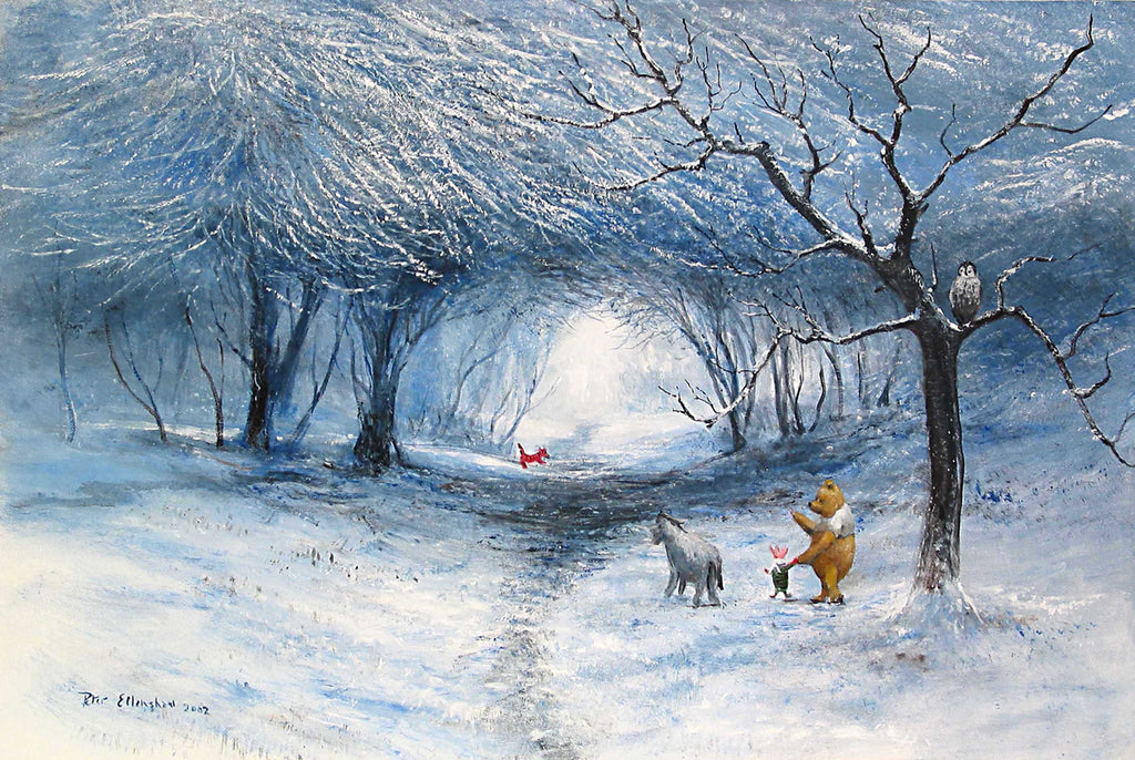 Winnie the Pooh Piglet Eeyore and Tigger Winter Trail Walk in the 100 Acre Wood Disney Fine Art Giclée on Canvas by Peter Ellenshaw